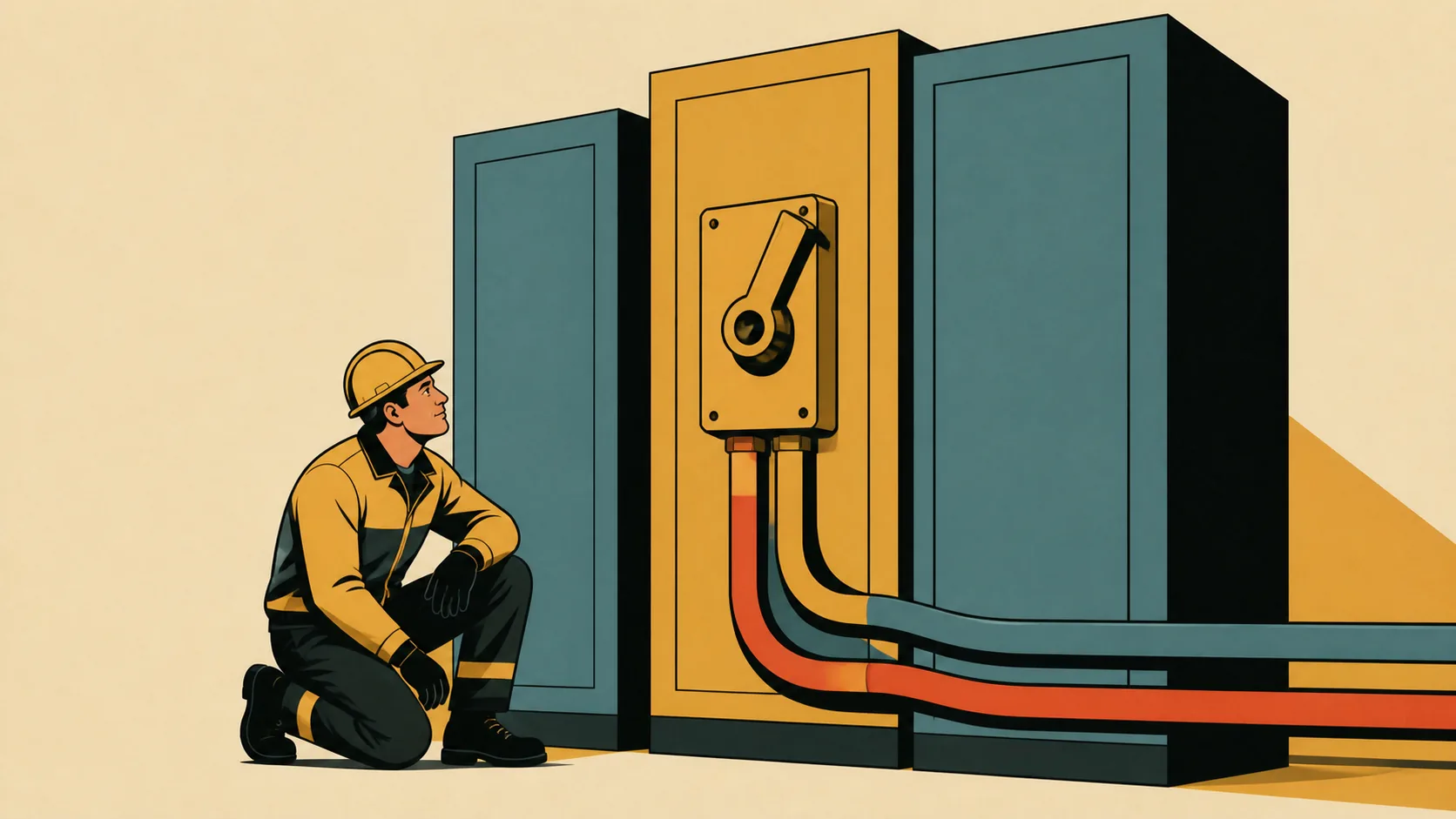 Illustration of an electrician kneeling to terminate cables at a control cabinet