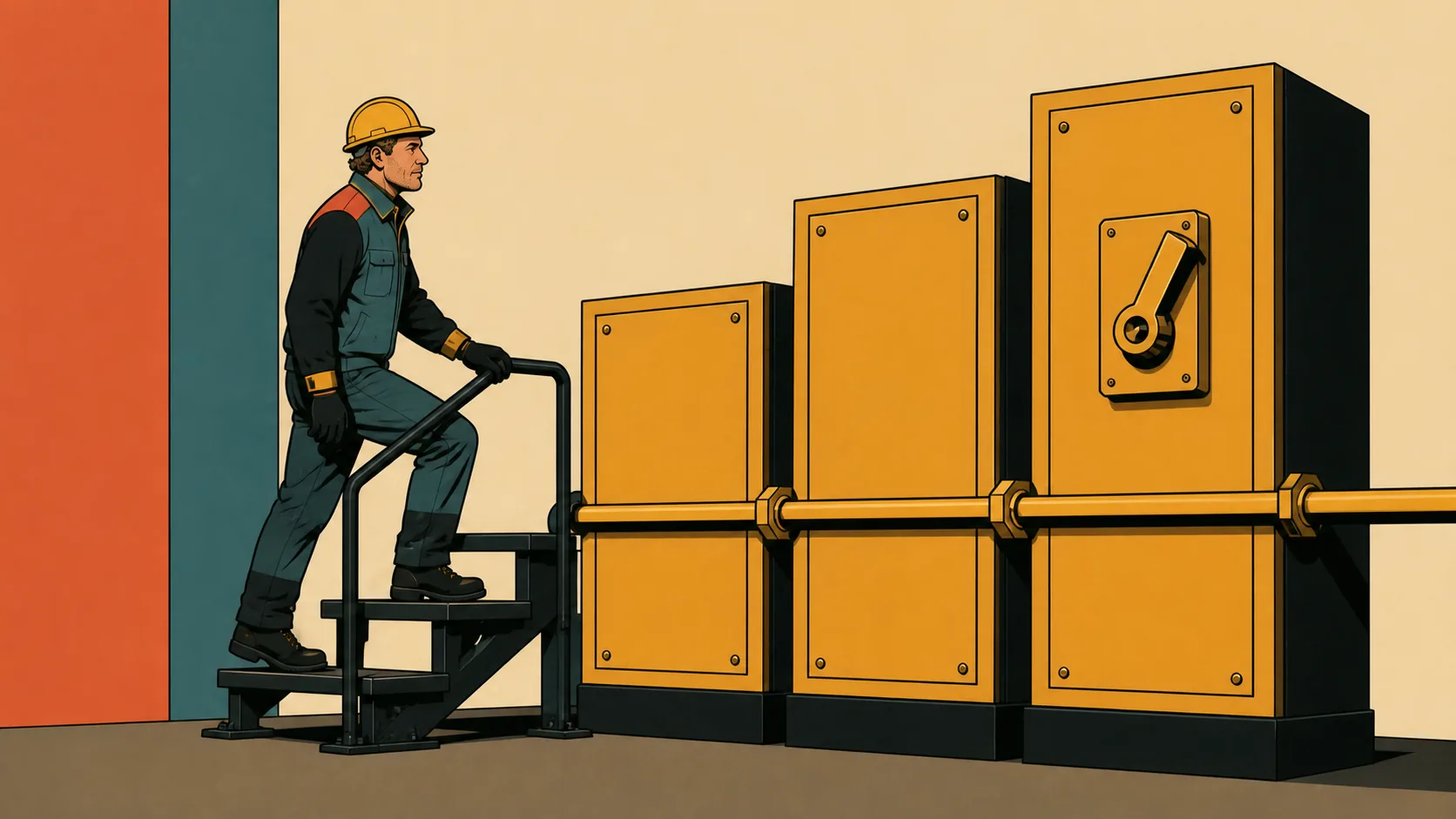 Illustration of an electrician climbing access steps beside a bank of switchgear