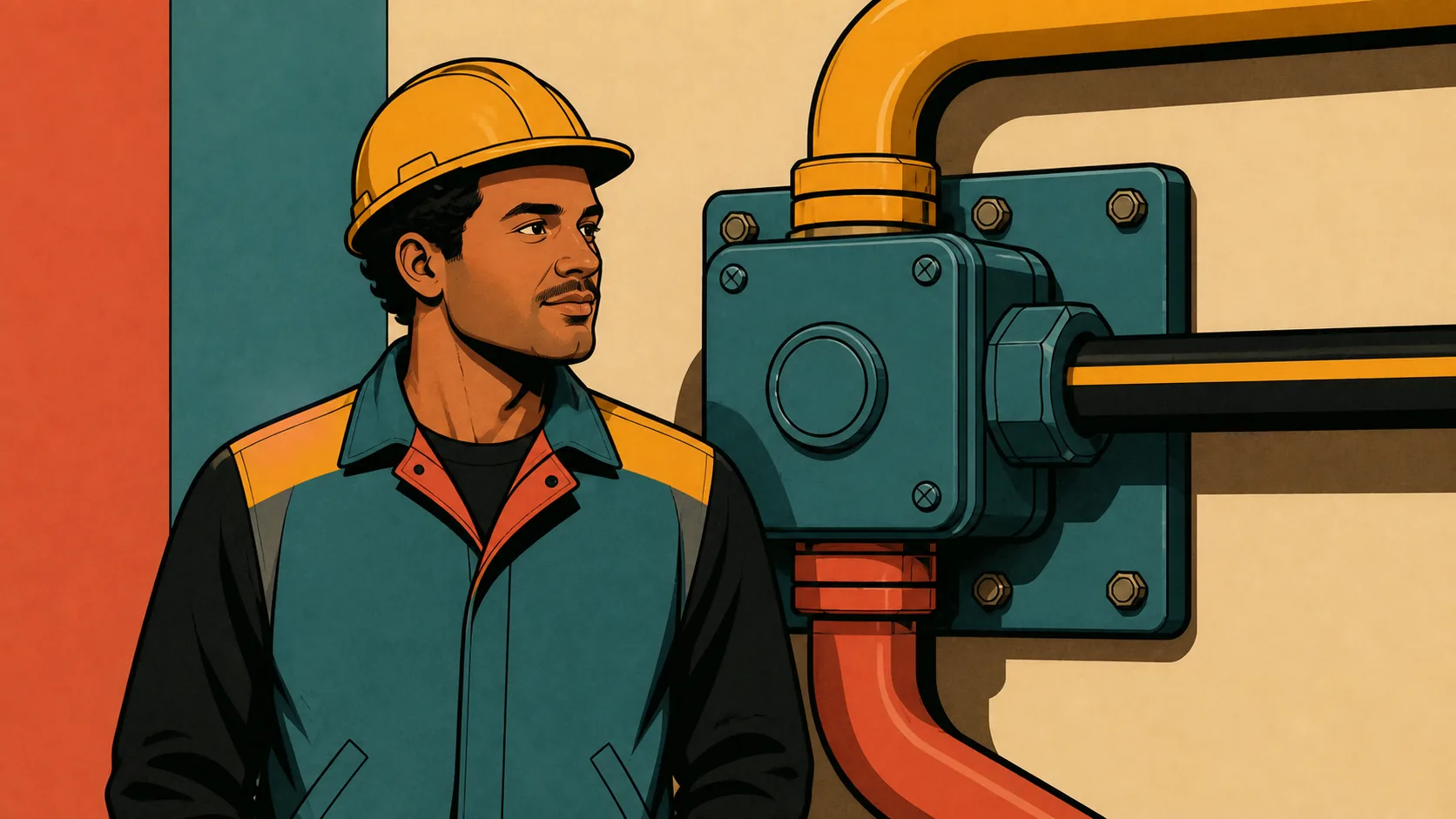 Illustration of an electrician beside a large valve and pipework assembly