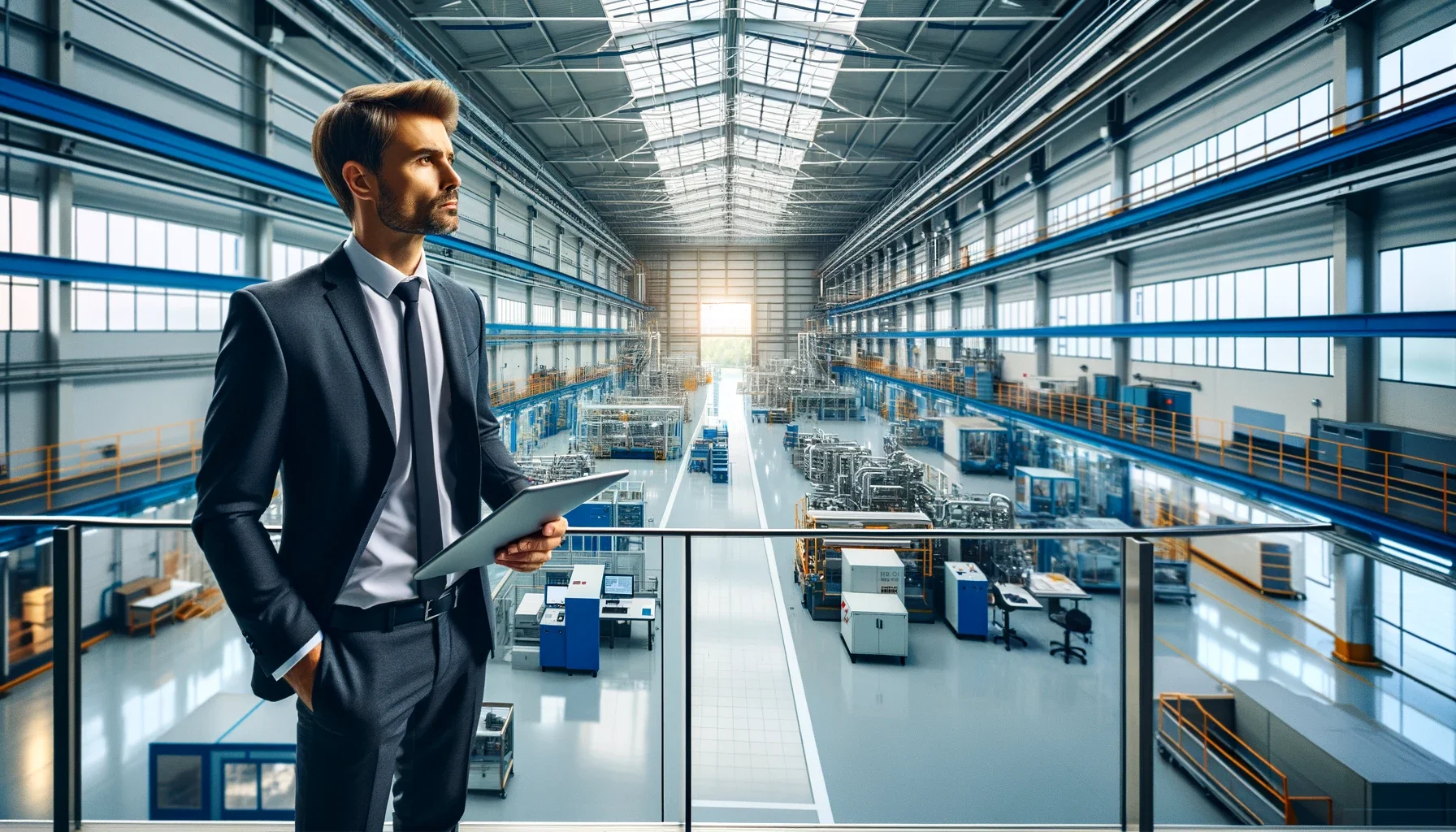 Man in a suit standing over a clean, modern industrial warehouse pondering hiring an electrician