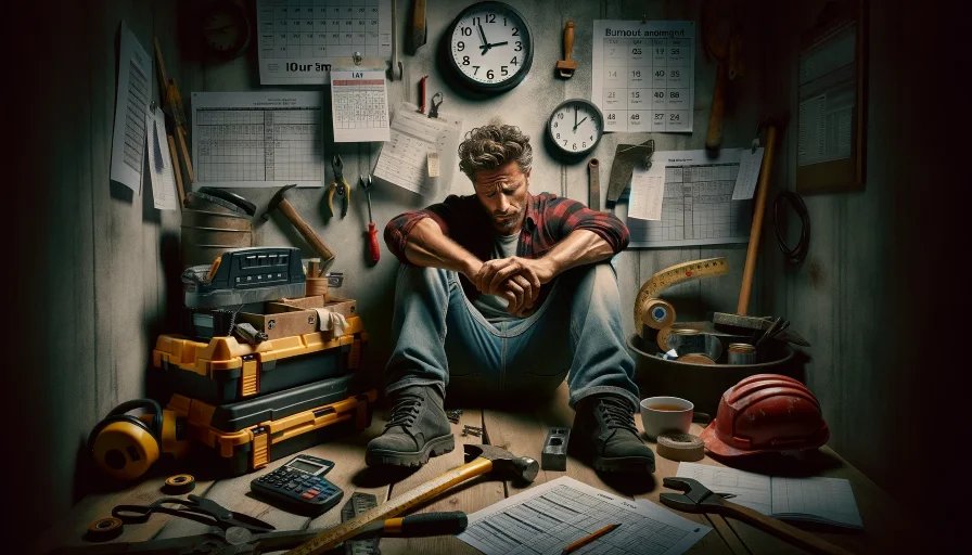 A tradesman in the UK appears tired and overwhelmed, surrounded by tools and construction materials. The background shows a clock indicating late hours and a calendar packed with schedules, symbolising long work hours and relentless pressure. Unpaid bills and invoices on a table hint at financial stress. The subdued lighting accentuates the gravity of burnout on the tradesman's mental and physical health