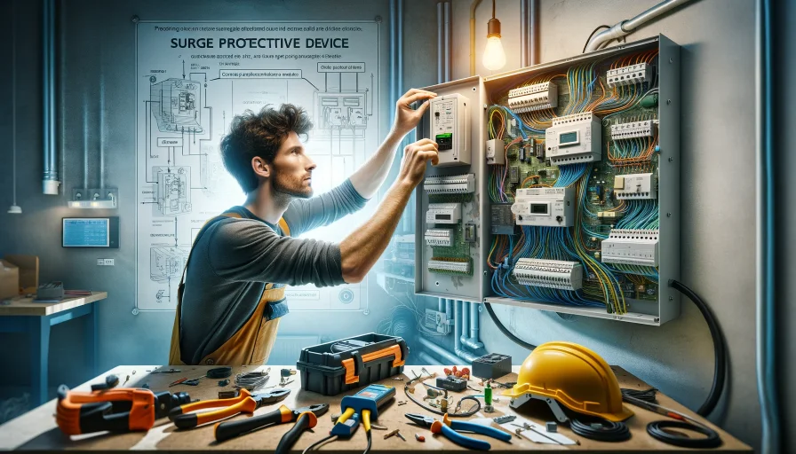 An electrician in the UK is shown installing a Surge Protective Device (SPD) in an electrical panel. Wearing safety gear, he carefully attaches the SPD amidst various electrical tools and components. A diagram in the background explains how an SPD protects against power surges, including voltage spikes and transient overvoltages. The scene underscores the importance of surge protection devices in safeguarding electrical equipment and data, with bright lighting highlighting the electrician's meticulous work.