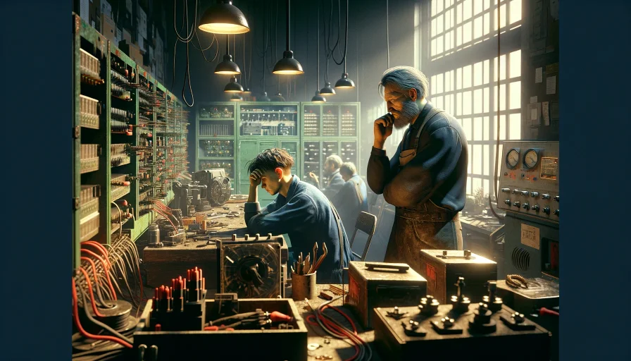 In an electrical workshop, a supervisor and an apprentice are depicted with their backs turned to each other, symbolizing a disconnect and tension. The supervisor is engrossed in his work, oblivious to the apprentice who looks confused and neglected. The workshop is cluttered with electrical tools and components, underscoring the work setting. The somber atmosphere accentuates the issues like lack of mentorship, communication breakdown, and competitive nature within the industry. The expressions and body language of both the supervisor and apprentice express disillusionment and frustration.