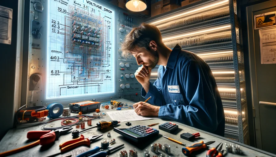 An electrician in the UK, surrounded by tools and electrical components, is focused on calculating voltage drop. A detailed electrical circuit diagram with voltage drop annotations is displayed in the background. The scene highlights precision and efficiency in electrical system management