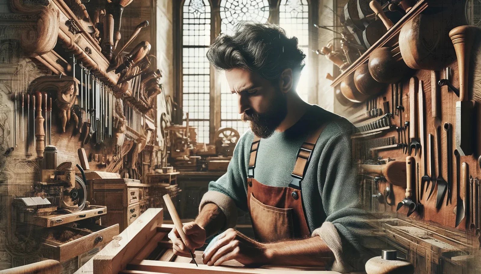 The image showcases a tradesperson in a workshop, a symbol of the blend of traditional skills and modern techniques. Surrounded by a mix of classic hand tools and advanced equipment, the tradesperson is deeply engaged in a task like carpentry or masonry. The workshop setting combines a historical ambiance with modern elements, reflecting the article's theme of preserving heritage while embracing innovation. The tradesperson's focused expression and the intricate work in progress underscore their commitment to quality and respect for the heritage of their craft.