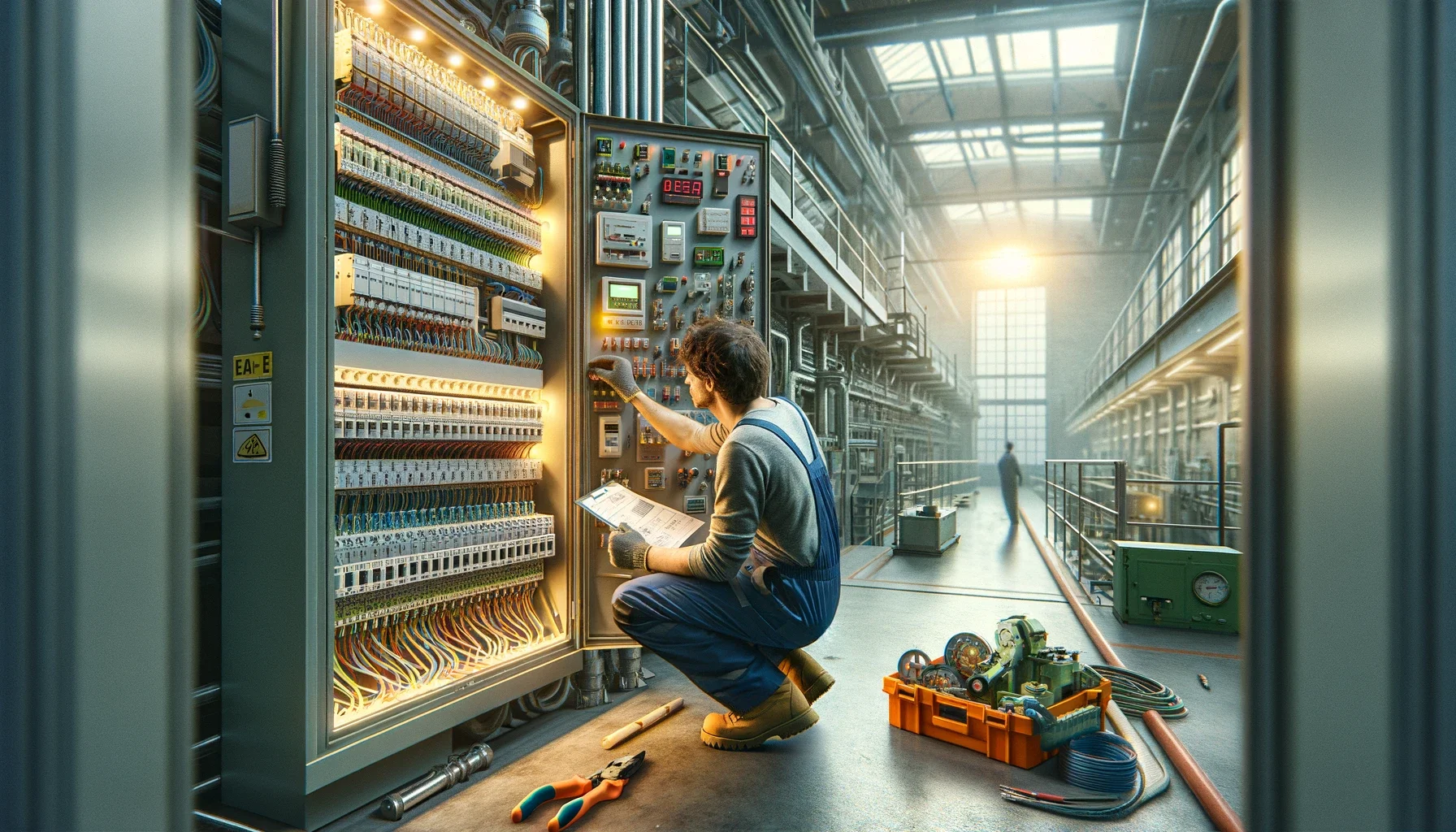 A UK tradesman working on enhancing energy efficiency in a commercial or industrial electrical system. The electrician is adjusting and examining components on an electrical panel or machinery, set in a setting like a factory or a large commercial building. The environment features various electrical systems and equipment indicative of energy-efficient technology, such as LED lighting or smart meters. The focus is on practical actions and modifications tradesmen can implement to reduce energy consumption and promote sustainability in electrical systems.