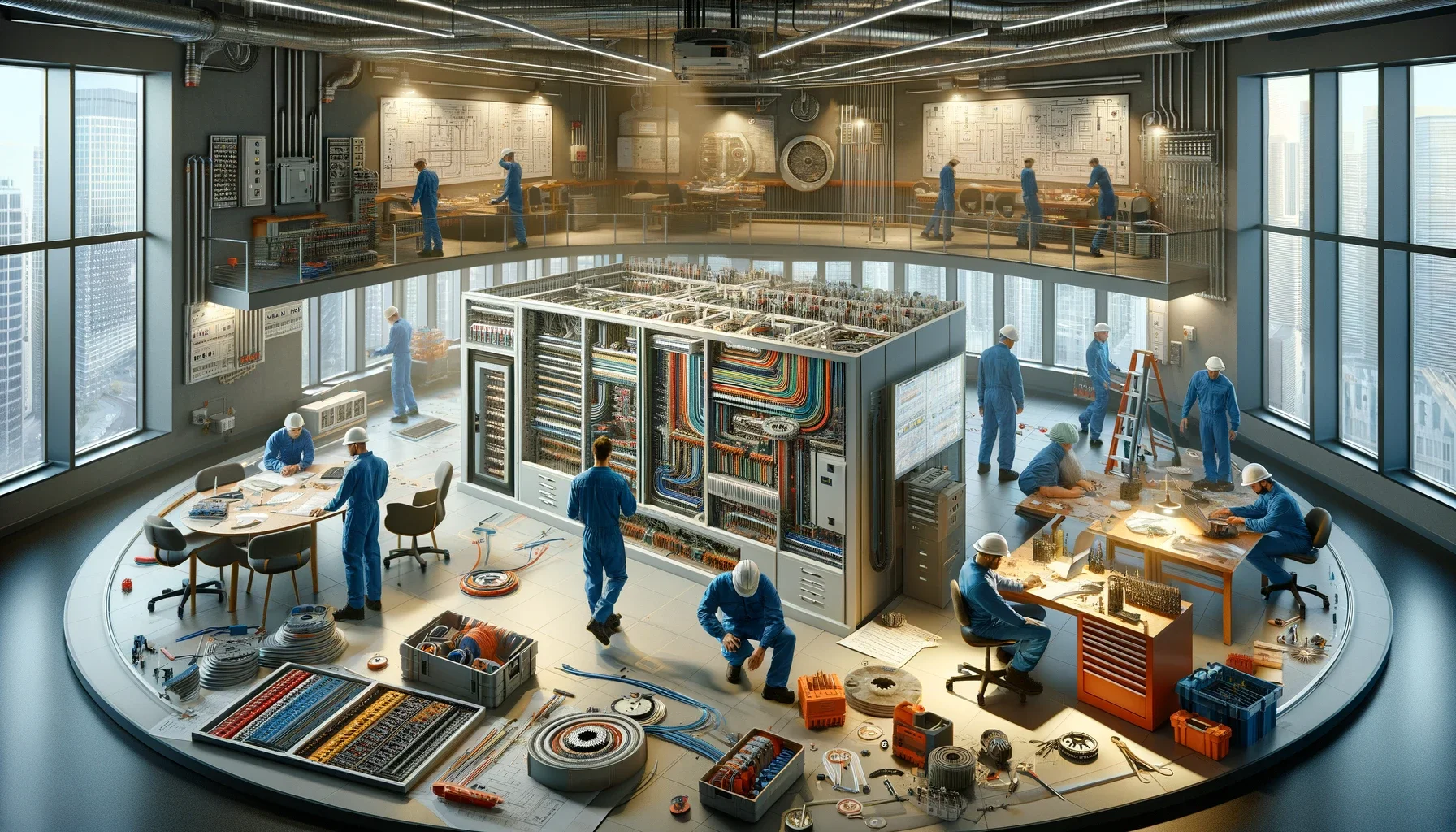 A team of electricians from Buckingham Electrical is shown working on a commercial electrical installation project. The professionals are engaged in various tasks, including planning, wiring, and inspecting electrical systems. The setting is a commercial space, equipped with various electrical components and tools. The focus is on meticulous planning, efficient design, and adherence to safety standards, with the electricians working in a coordinated manner to ensure successful and sustainable electrical installations.
