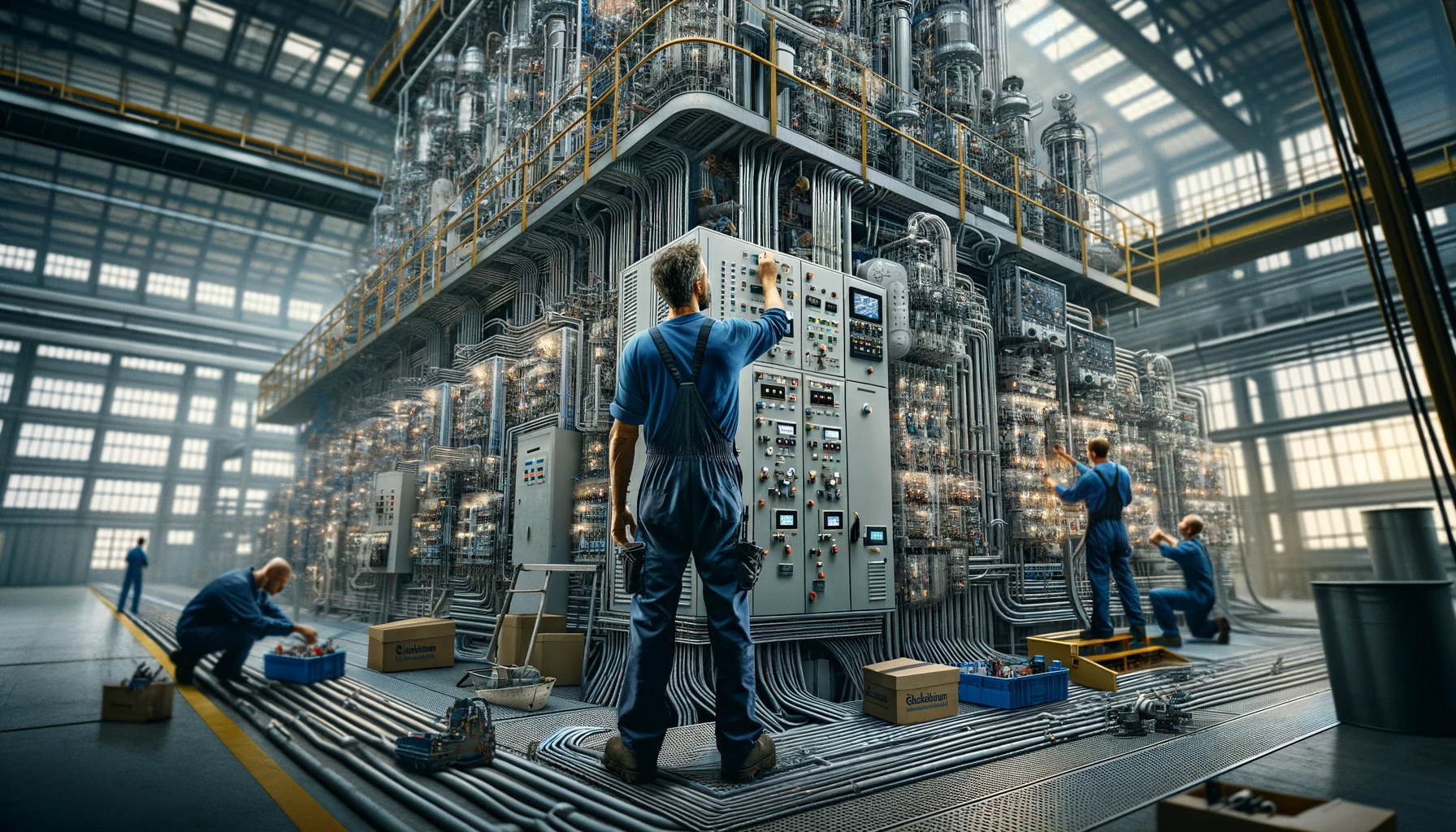 Electricians from Buckingham Electrical are engaged in managing the complexities of an industrial electrical system in a large industrial facility. They are involved in tasks like wiring, configuring control panels, and implementing automation systems. The scene showcases their expertise and precision in handling complex electrical tasks, adhering to up-to-date standards and best practices. The environment is equipped with sophisticated machinery, large electrical panels, and advanced technological tools, emphasizing the challenges and required precision in managing industrial electrical systems.