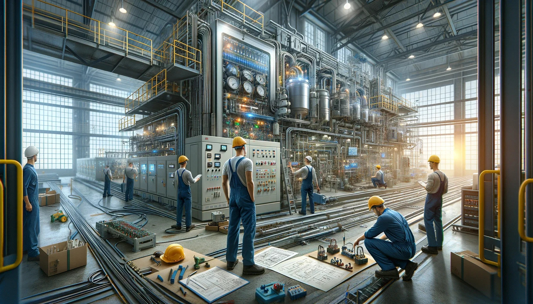 Electricians from Buckingham Electrical are depicted working on crucial electrical installations in an industrial facility. They are engaged in designing, automating, and maintaining complex electrical systems integral to the facility's operations. The setting includes elements like machinery, control panels, and advanced electrical equipment, underscoring the role of expert electrical solutions in enhancing the efficiency and productivity of industries. The image highlights the importance of high-quality electrical installations in empowering industrial operations and driving productivity.