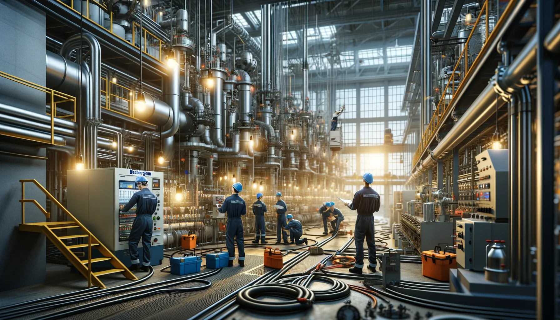 Electricians from Buckingham Electrical are shown in an industrial setting, actively engaged in enhancing energy efficiency. They are working on upgrading equipment, optimizing lighting systems, and implementing automation technology. The environment features a variety of industrial machinery and electrical systems, highlighting the importance of technological upgrades and skilled labor in achieving energy efficiency. The focus is on the practical application of these strategies, demonstrating their impact on reducing operational costs and promoting sustainability in the workplace.
