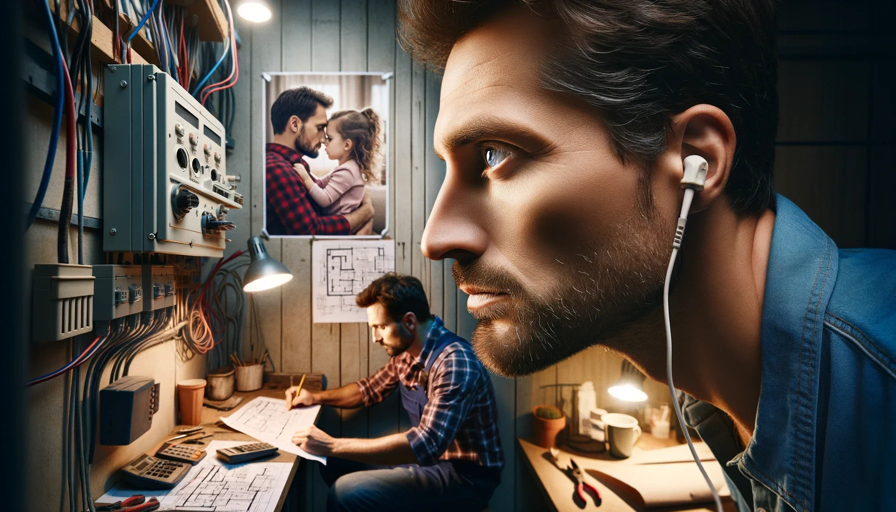 A close-up view of an electrician, who is also a father, in his workshop or office. He is working on electrical plans or equipment, with a photo of his family or a child's drawing visible in the background. His expression is one of concentration and care, symbolizing his dedication to both his profession and his family. The environment blends professional and personal elements, illustrating the dual responsibilities of being an electrician entrepreneur and a father in the construction industry.