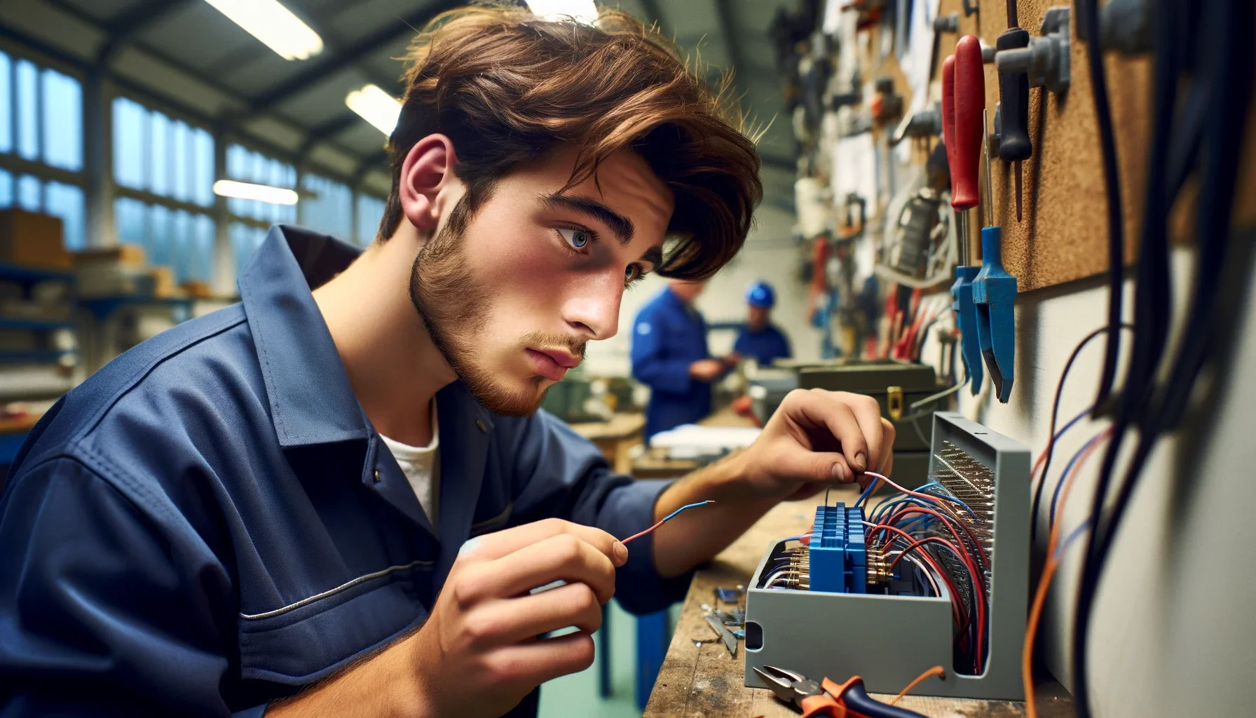 A young electrical apprentice, possibly in their late teens or early twenties, is engaged in a hands-on task, such as wiring or examining an electrical component, in a workshop or job site setting. The focus is on their concentration and determination, with a background featuring elements of the electrical trade. The image emphasizes the apprentice's eagerness to learn and absorb knowledge and skills, capturing the essence of their personal growth and development in the early stages of their electrical career.