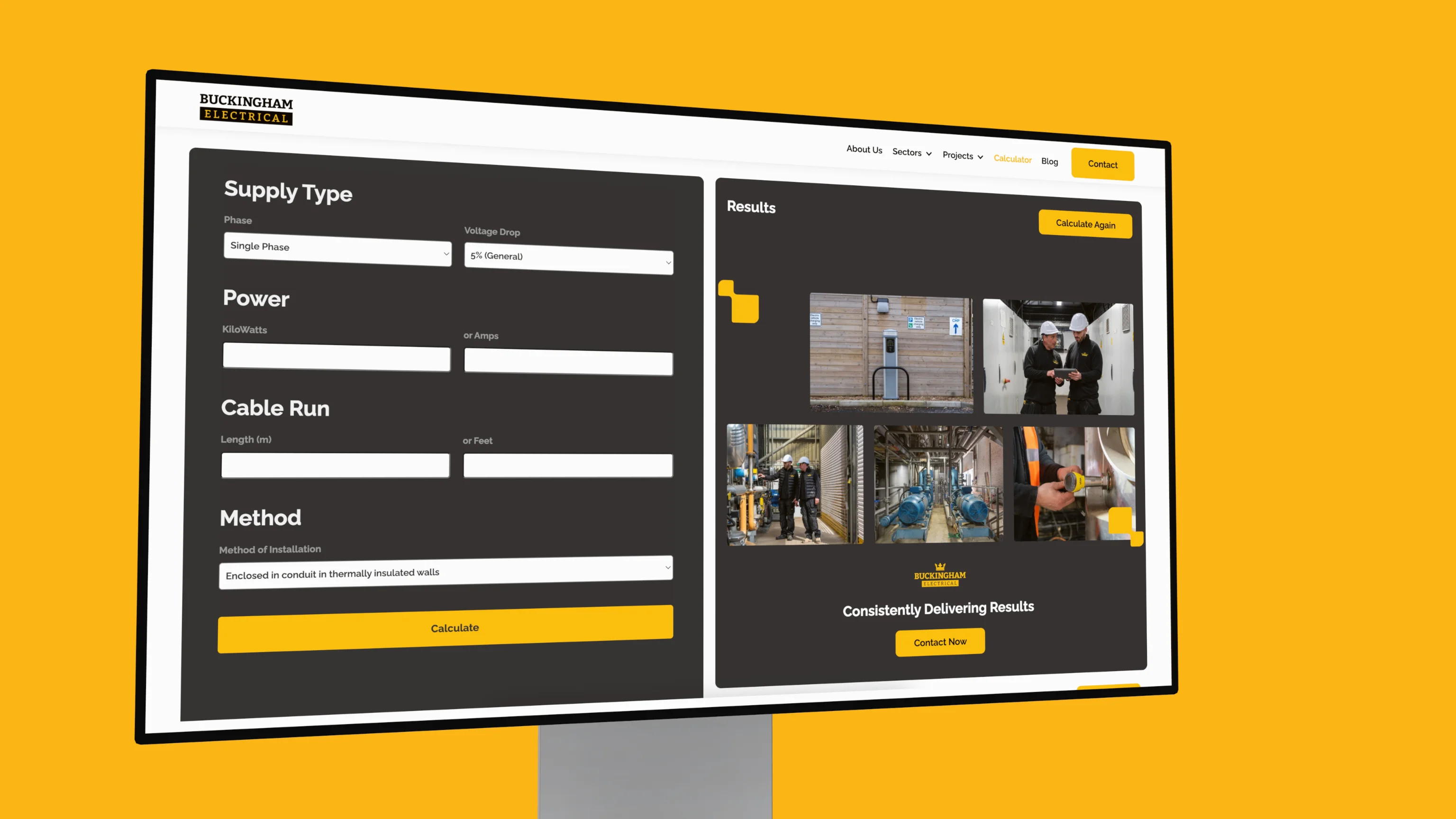 A mockup of a large screen showing the new cable size calculator web app