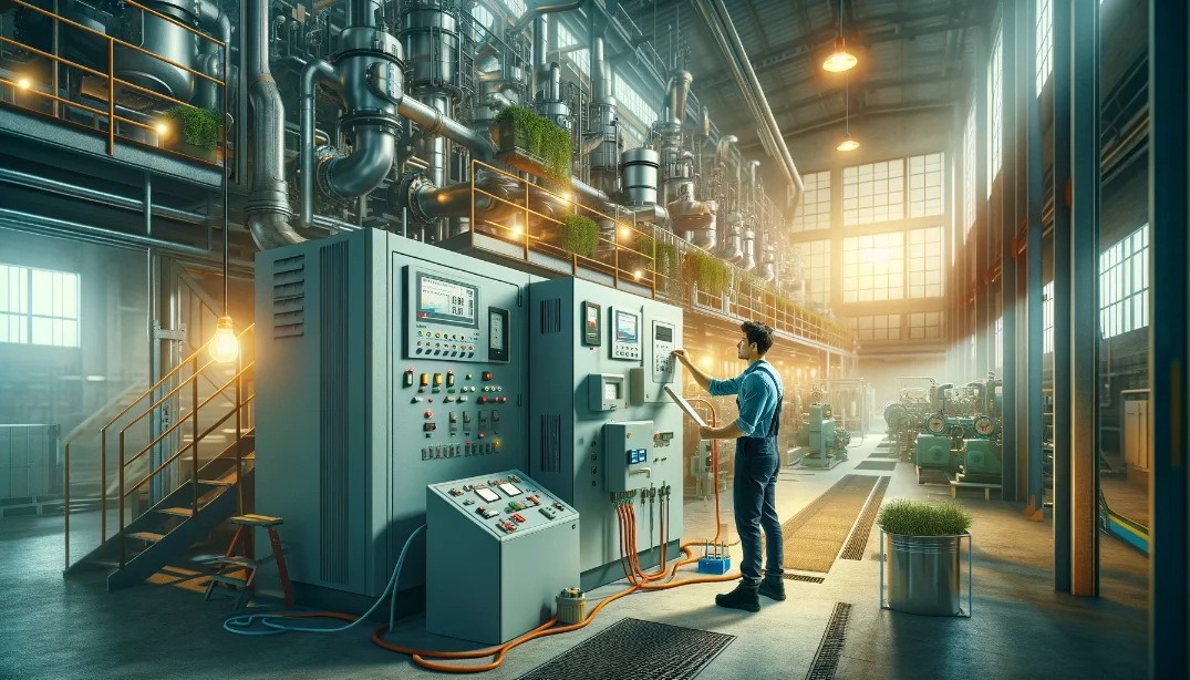 An Electrician in a factory using a very large and old calculator i.e. computer to make calculations
