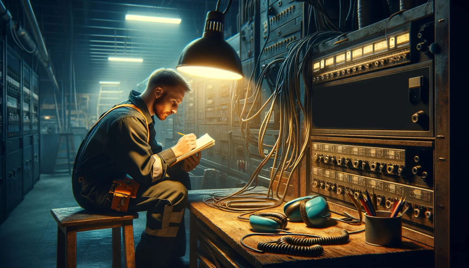 Electrician working in a dark corner of a factory looking overworked and stressed