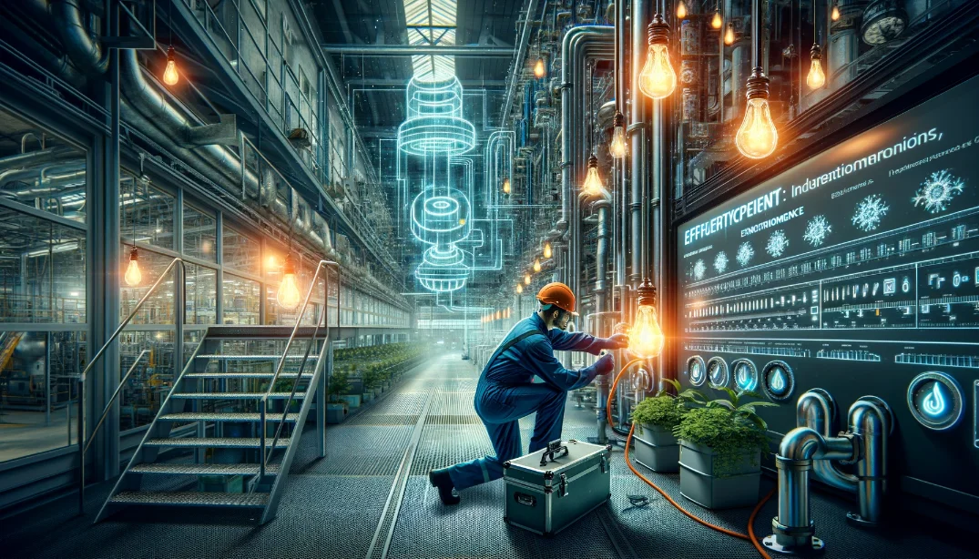 Electrician working in a factory unplugging in a cable from a screen. The factory looks extremely modern and the electrician is wearing protective gear.