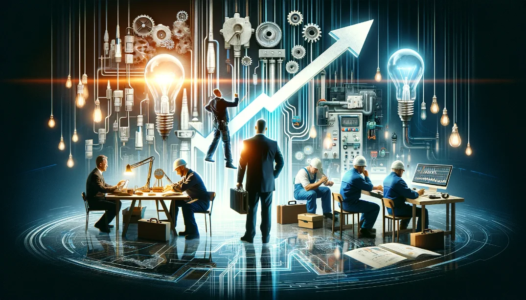 Graph going up and indicating growth. Businessmen and electricians shown also shown in a fictional high tech room filled with electrical equipment and objects