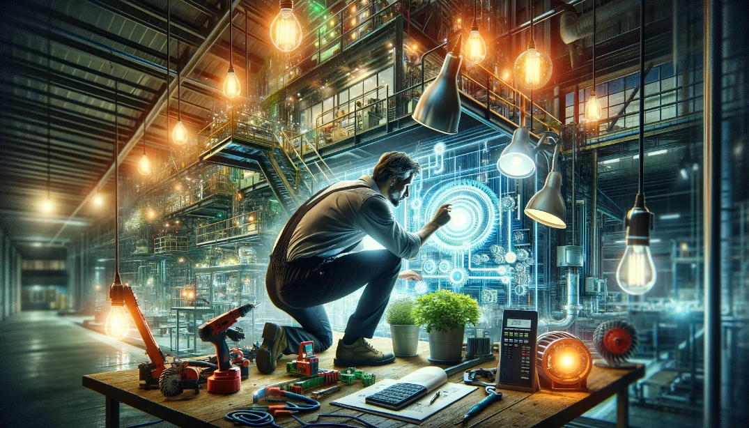 Trendy older electrician standing on his desk touching a holographic futuristic interface within a modern and clean factory