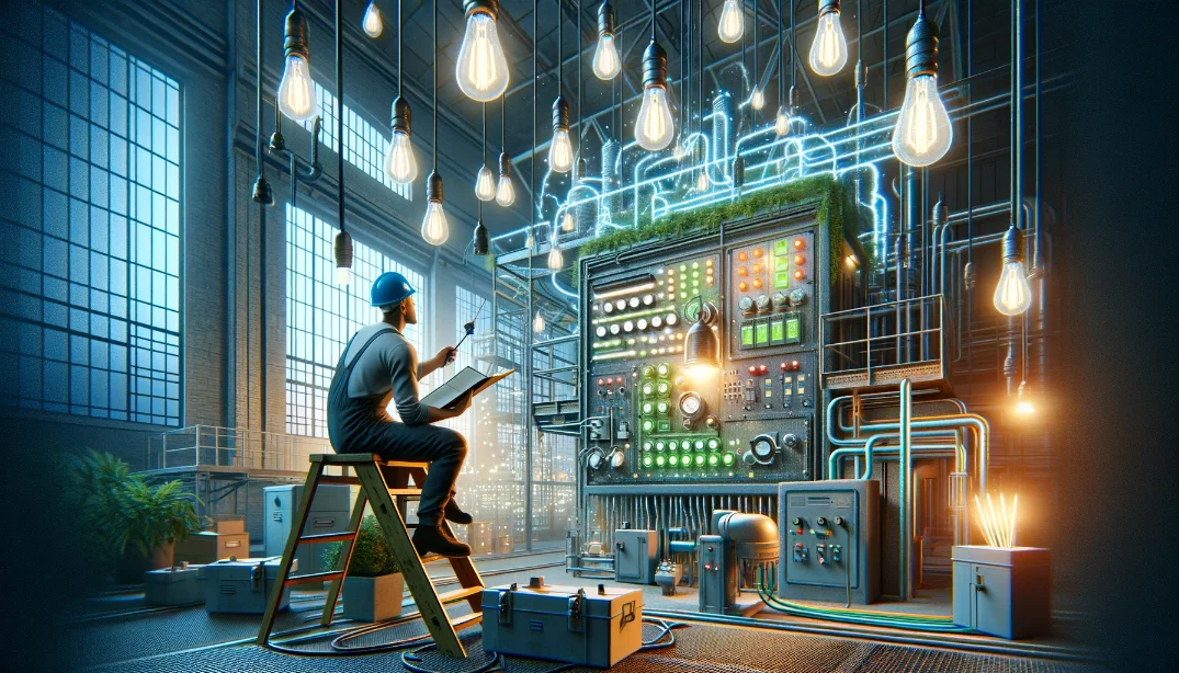 Electrician looking at an industrial futuristic machine in a factory that also has living plants growing from it (symbolising green technology)