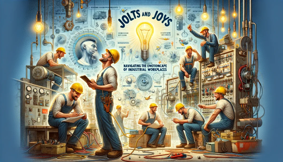 electricians sitting, laughing and having fun whilst on some retro factory machinery