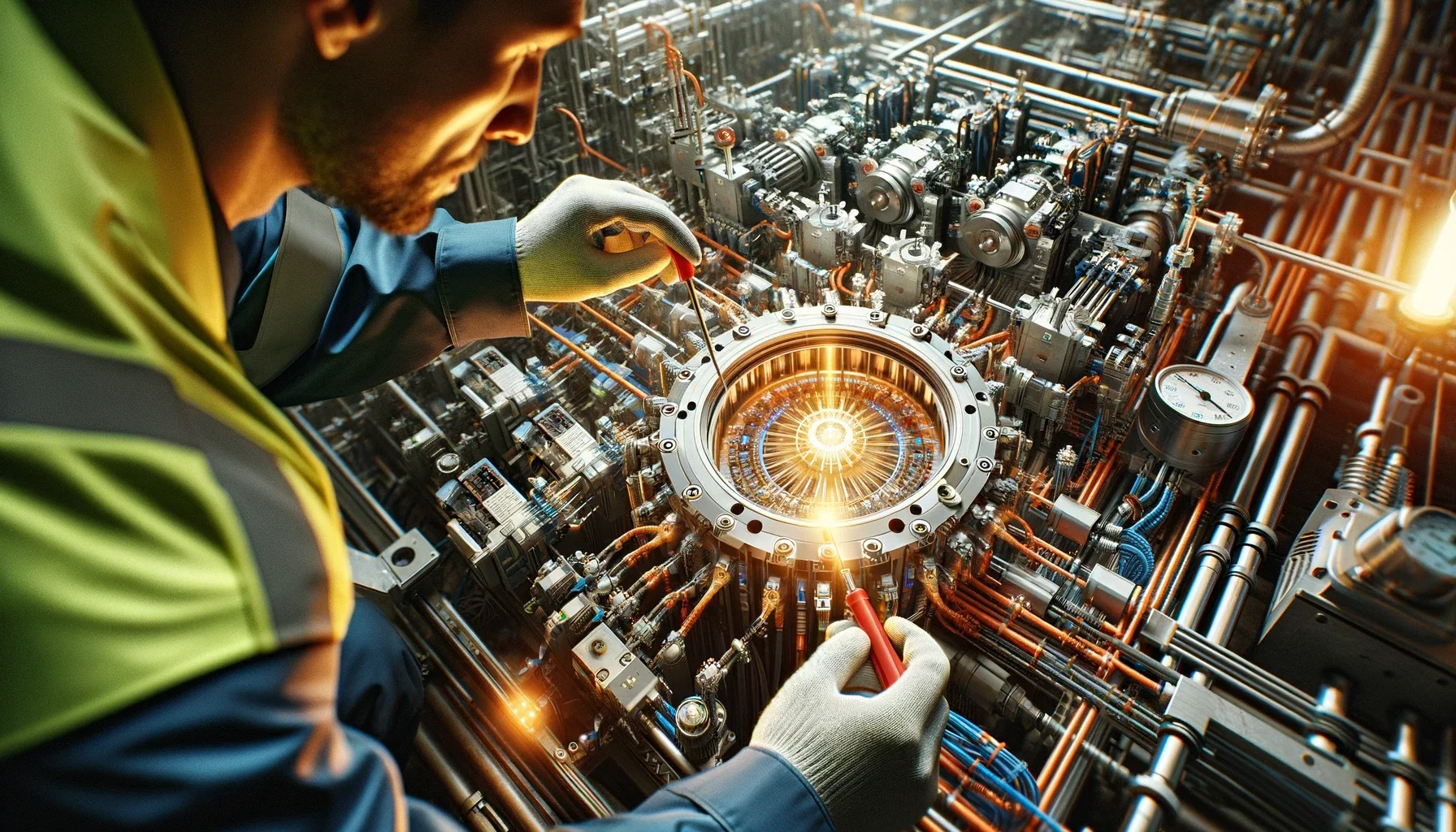A detailed close-up showcasing a crucial element of industrial electrical performance, possibly featuring an electrician conducting safety compliance checks or interacting with energy-efficient systems such as LED lighting or power factor correction units. The image emphasizes the importance of these systems in ensuring efficiency, reliability, and safety in industrial settings, highlighting Buckingham Electrical's commitment to delivering top-notch electrical services for sustainable growth and success in various industries.