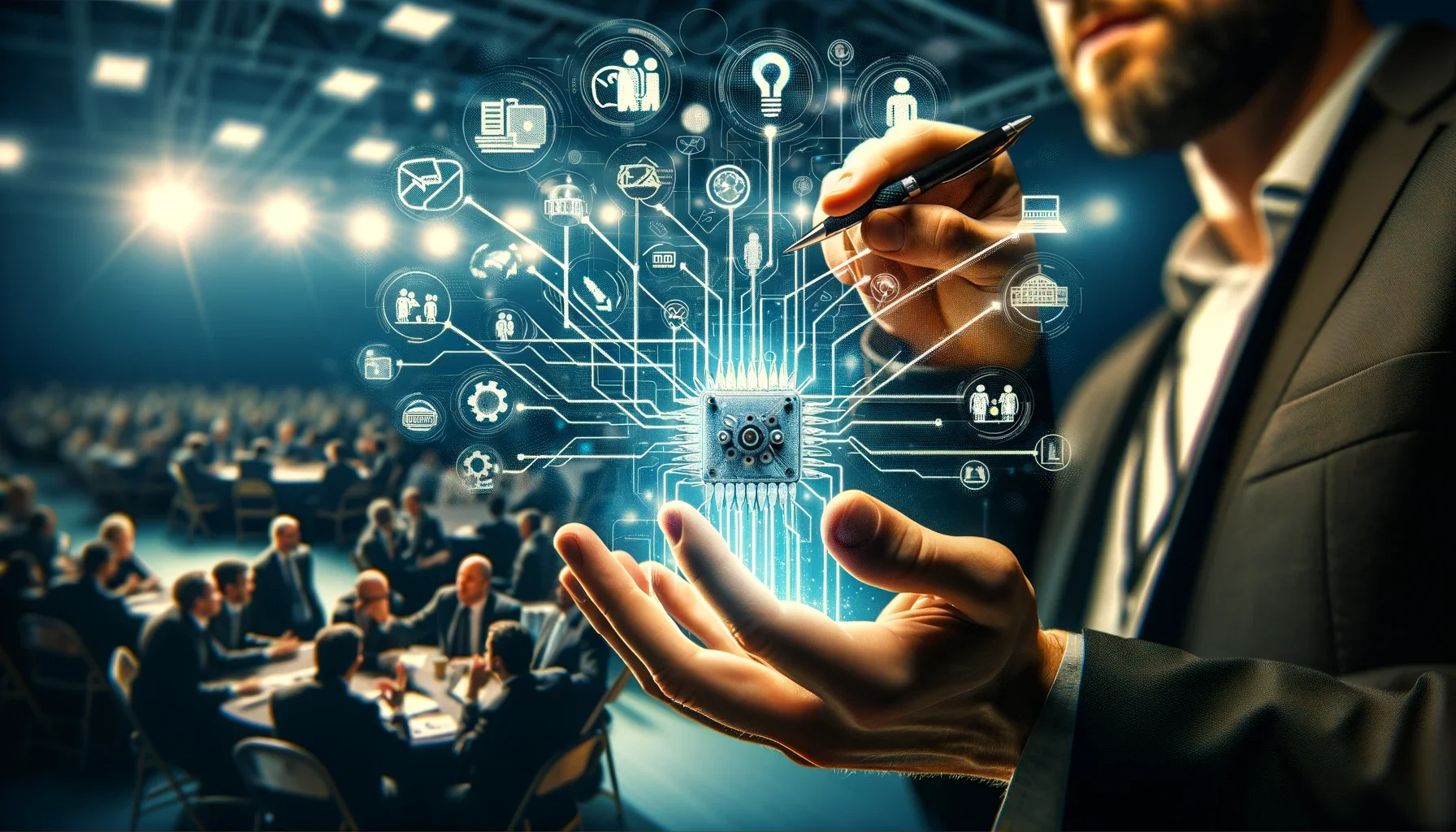 A close-up view of an electrician or electrical professional engaged in networking activities, possibly at an industry event or conference, or managing a professional online presence. The image captures the essence of effective networking in the electrical trade, highlighting the individual’s active involvement in building relationships and connections within the industry. The setting subtly includes elements that symbolize industry events or digital networking platforms, reflecting the dynamic nature of professional networking for career advancement in the electrical trade.