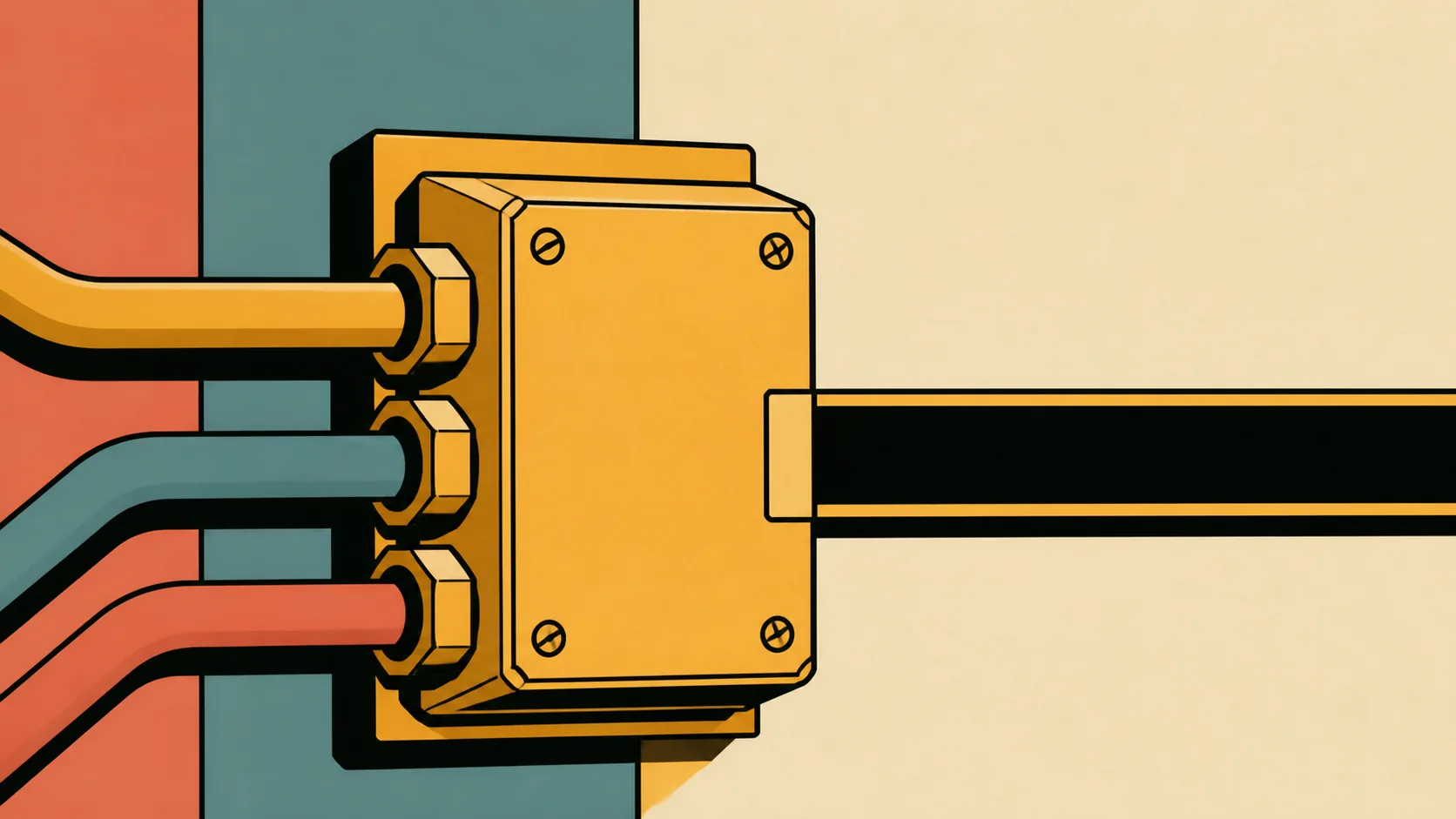 Illustration of a junction box with three conduits feeding into it