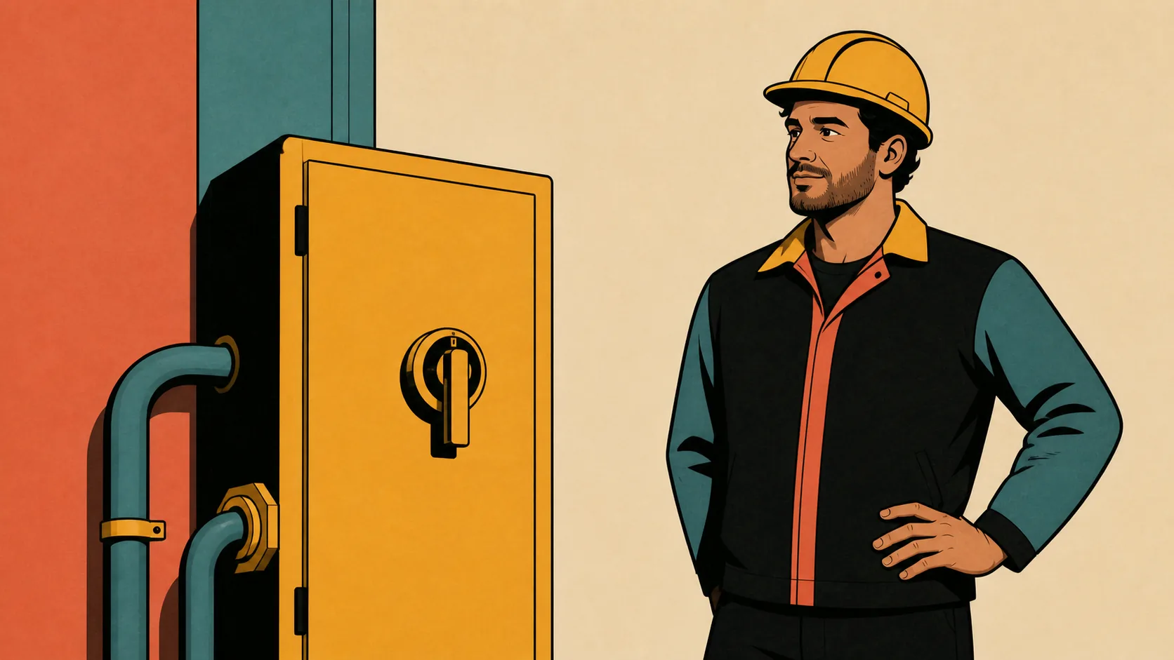 Illustration of an electrician standing confidently beside an open distribution cabinet