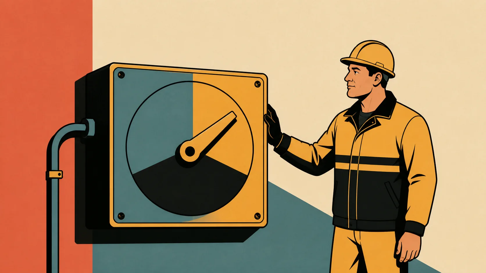 Illustration of an electrician adjusting the dial of a wall-mounted energy meter