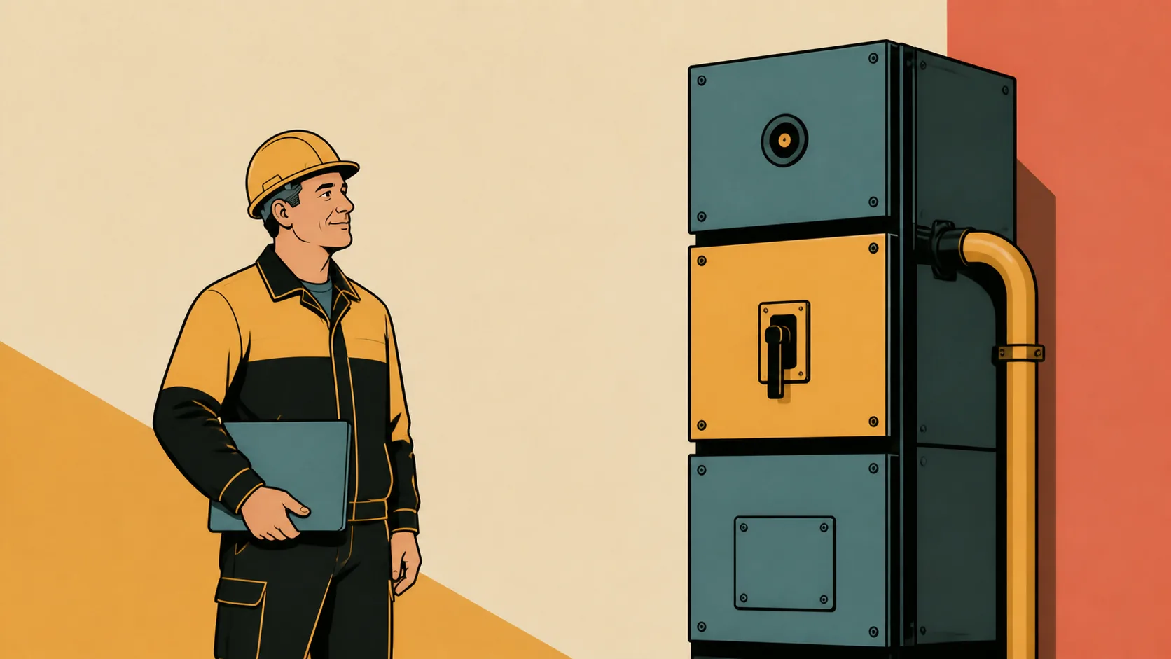 Illustration of an electrician with a clipboard inspecting a stacked control unit