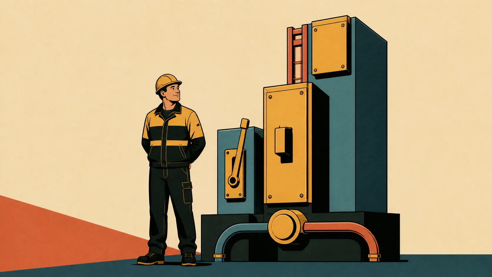 Illustration of an electrician standing before a large item of machinery