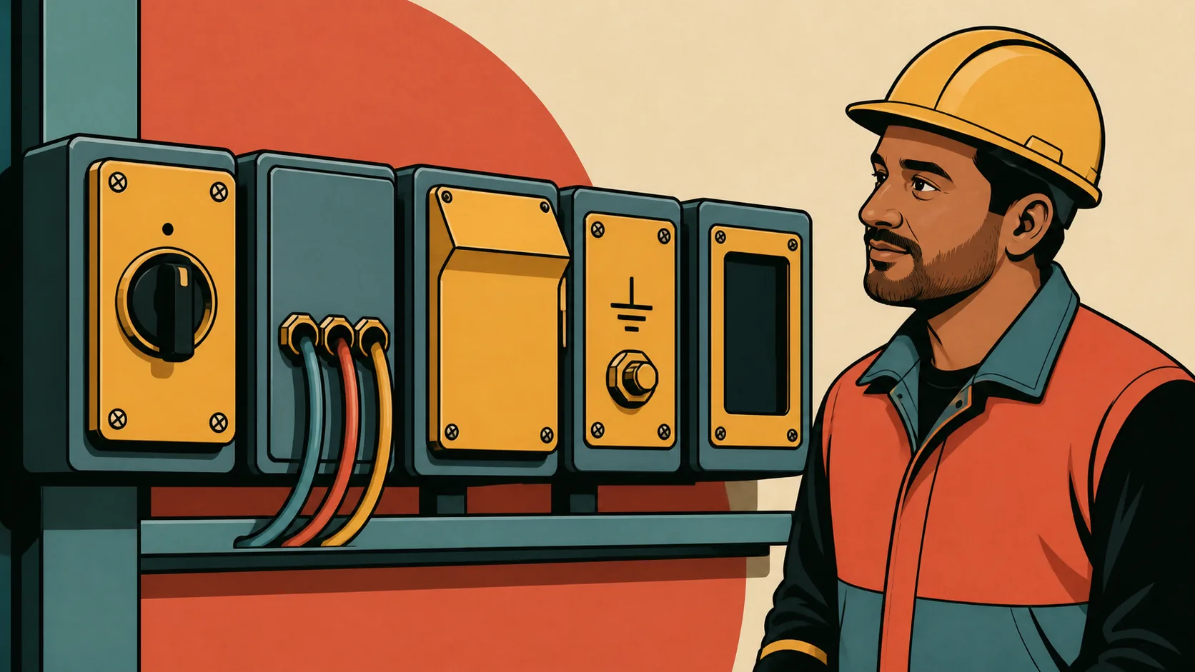 Illustration of an electrician beside a row of control panel isolators and instruments