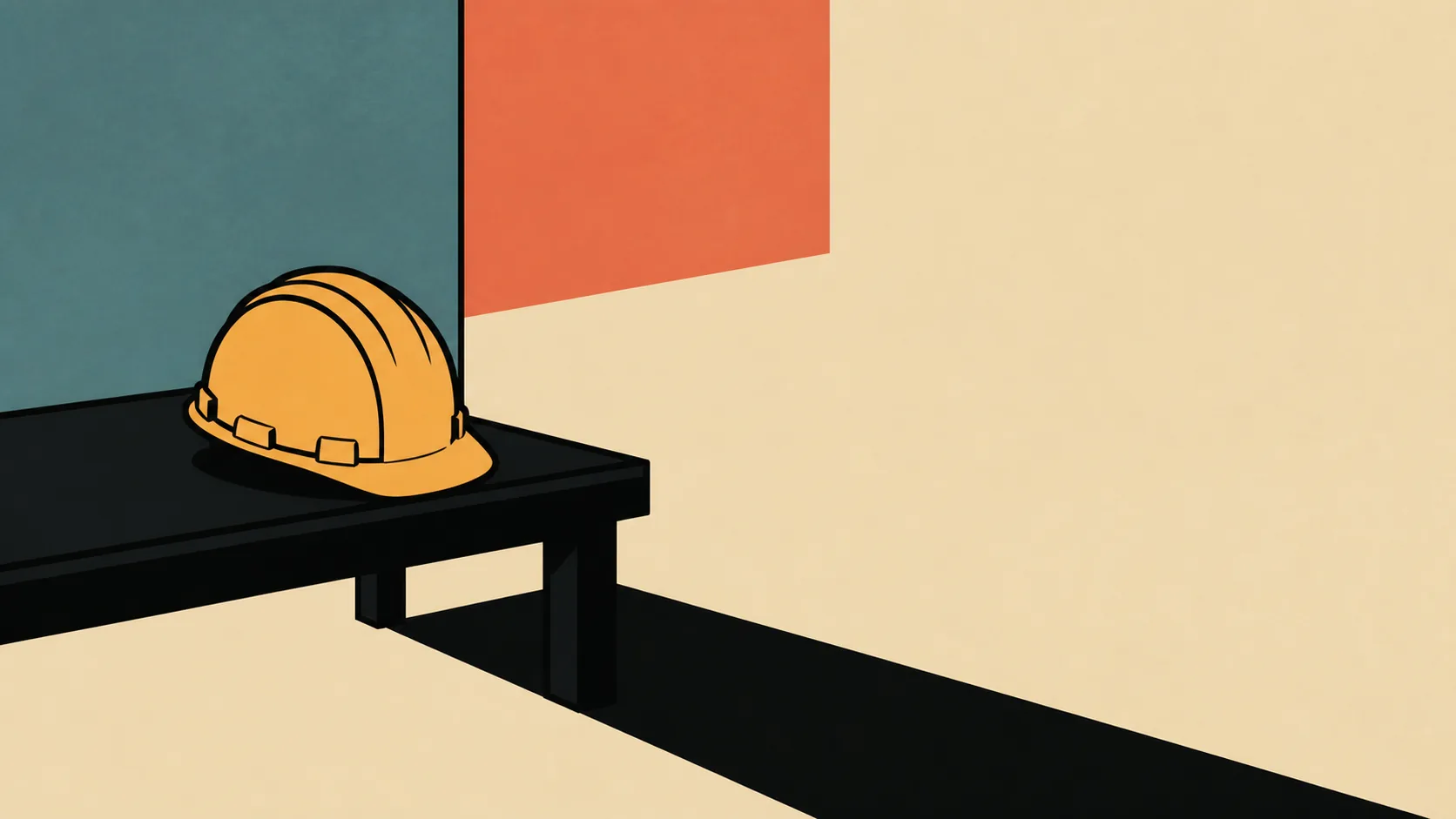 Illustration of a hard hat left alone on a workbench